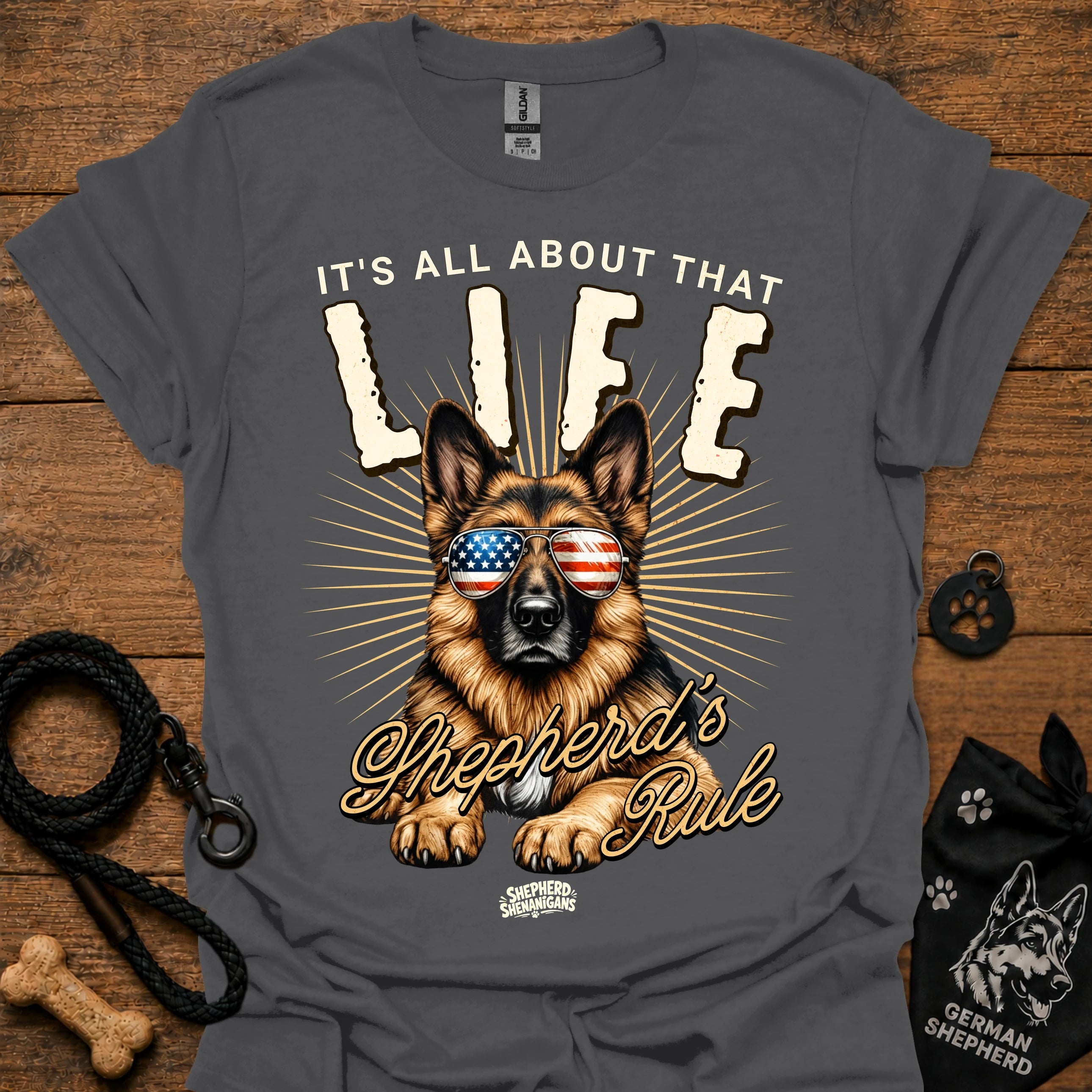 Charcoal T-shirt with German Shepherd graphic wearing USA sunglasses and LIFE text
