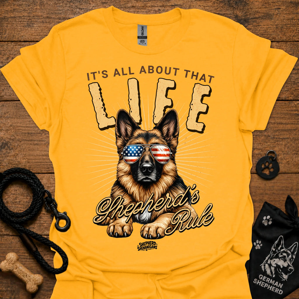 Gold T-shirt with German Shepherd graphic wearing USA sunglasses and LIFE text