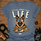Blue-gray T-shirt with German Shepherd graphic wearing USA sunglasses and LIFE text