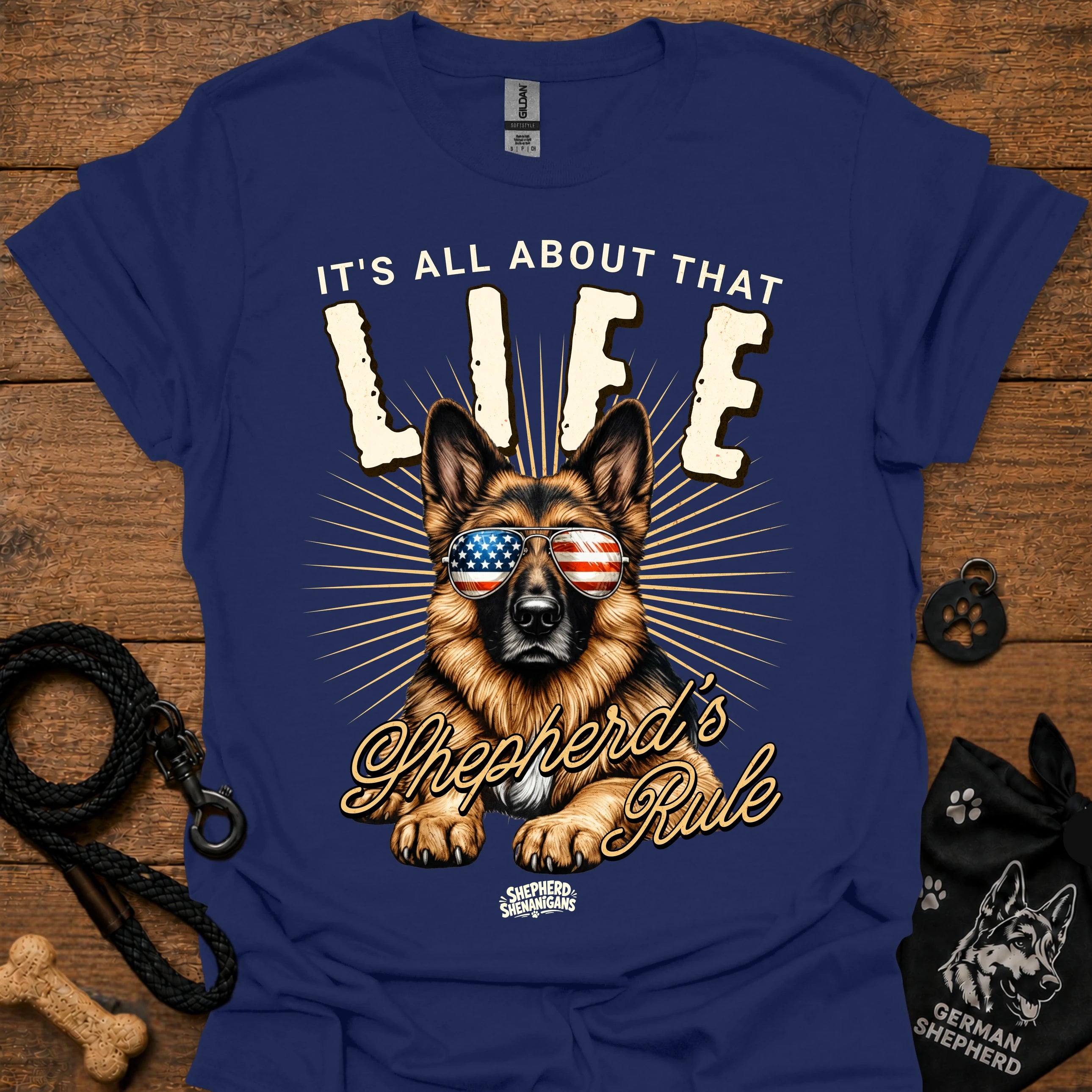 Navy T-shirt with German Shepherd graphic wearing USA sunglasses and LIFE text