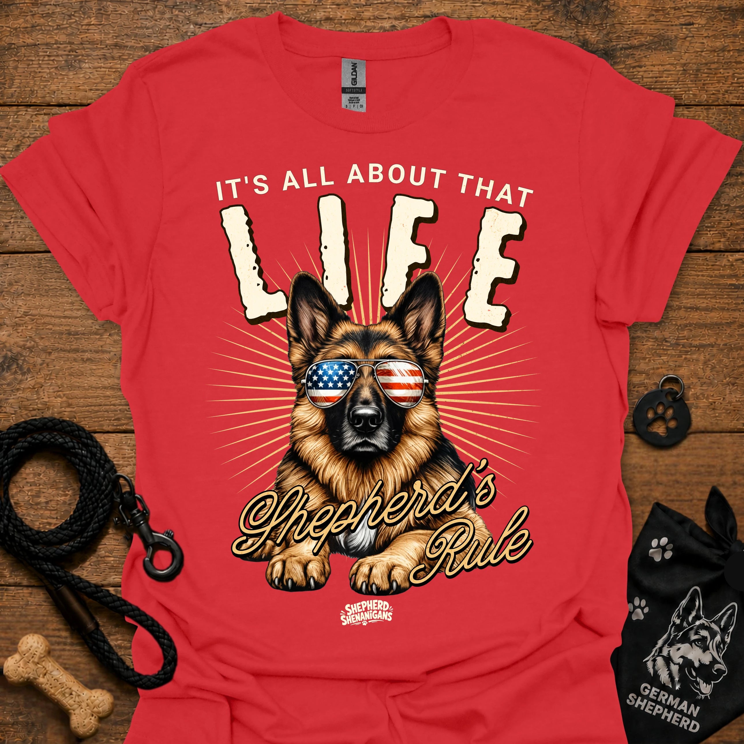 Red T-shirt with German Shepherd graphic wearing USA sunglasses and LIFE text