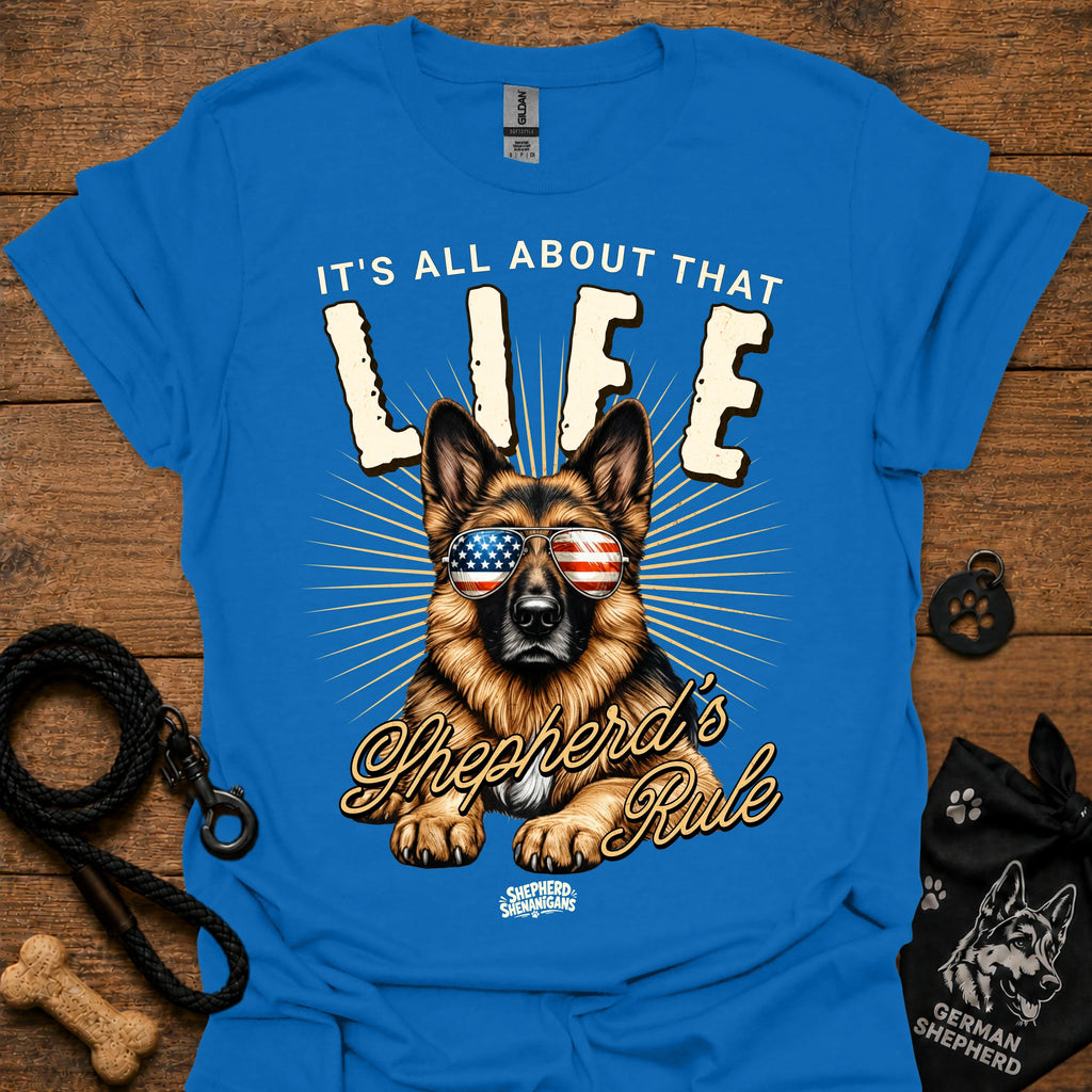 Royal blue T-shirt with German Shepherd graphic wearing USA sunglasses and LIFE text