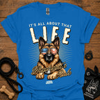 Royal blue T-shirt with German Shepherd graphic wearing USA sunglasses and LIFE text