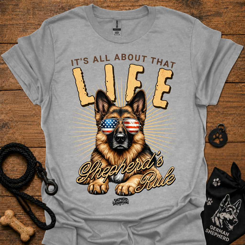Light gray T-shirt with German Shepherd graphic wearing USA sunglasses and LIFE text