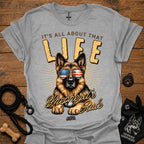Light gray T-shirt with German Shepherd graphic wearing USA sunglasses and LIFE text