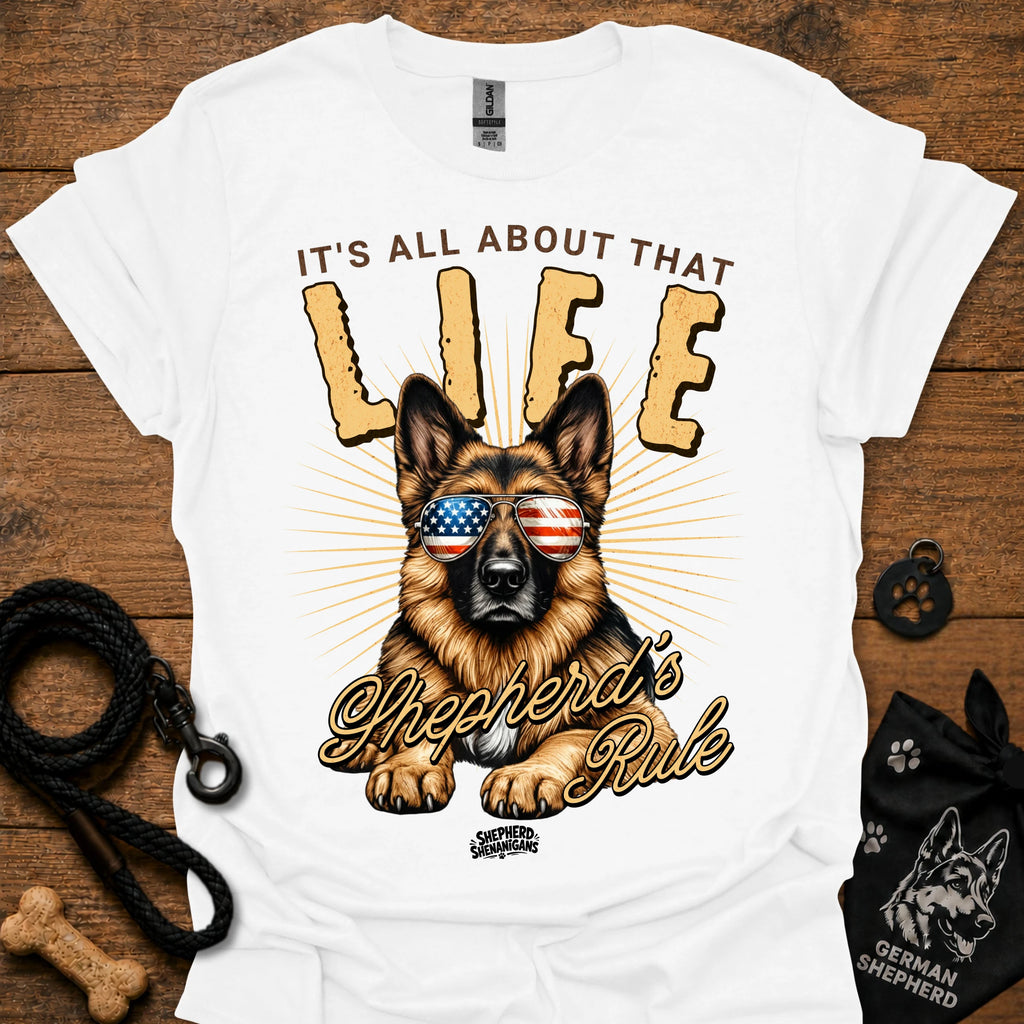 White T-shirt with German Shepherd graphic wearing USA sunglasses and LIFE text