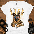 White T-shirt with German Shepherd graphic wearing USA sunglasses and LIFE text