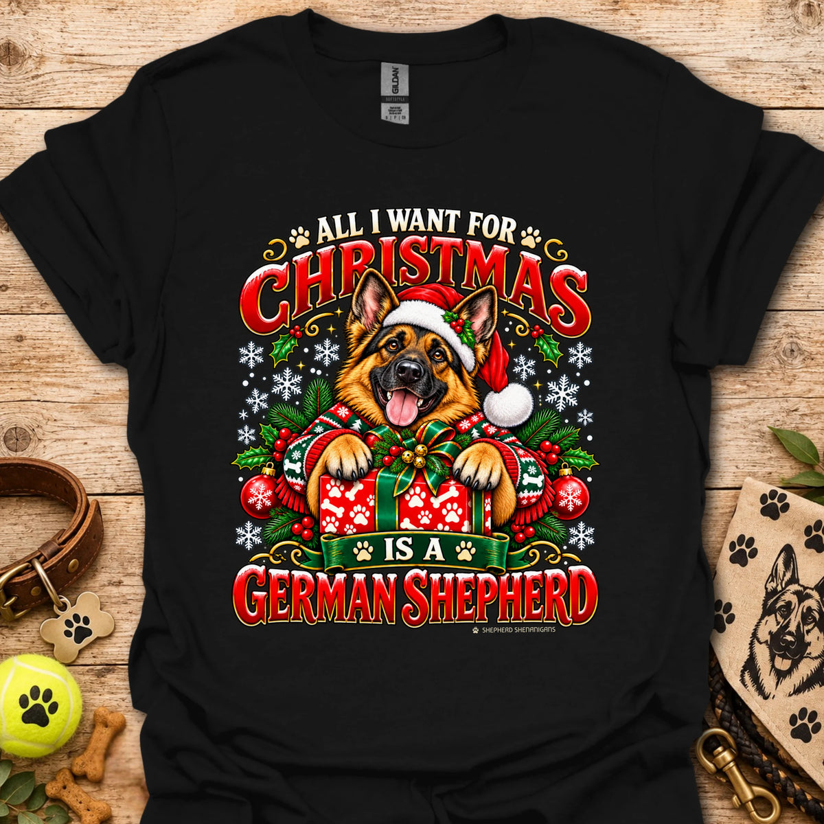 Black Christmas t-shirt with German Shepherd holiday graphic on front.