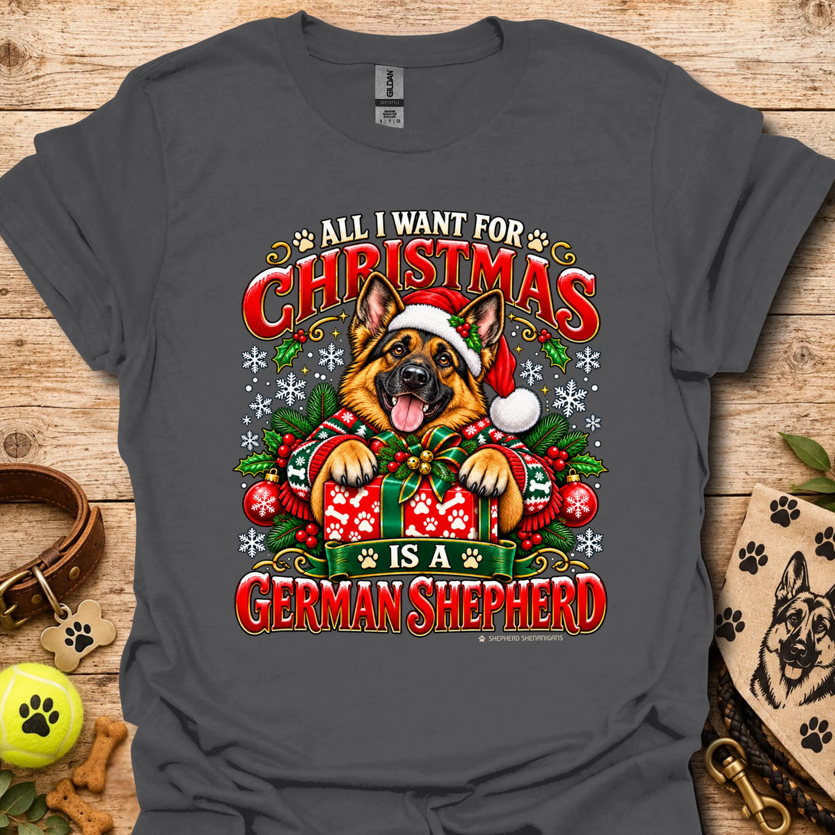 Charcoal Christmas t-shirt with German Shepherd holiday graphic on front.