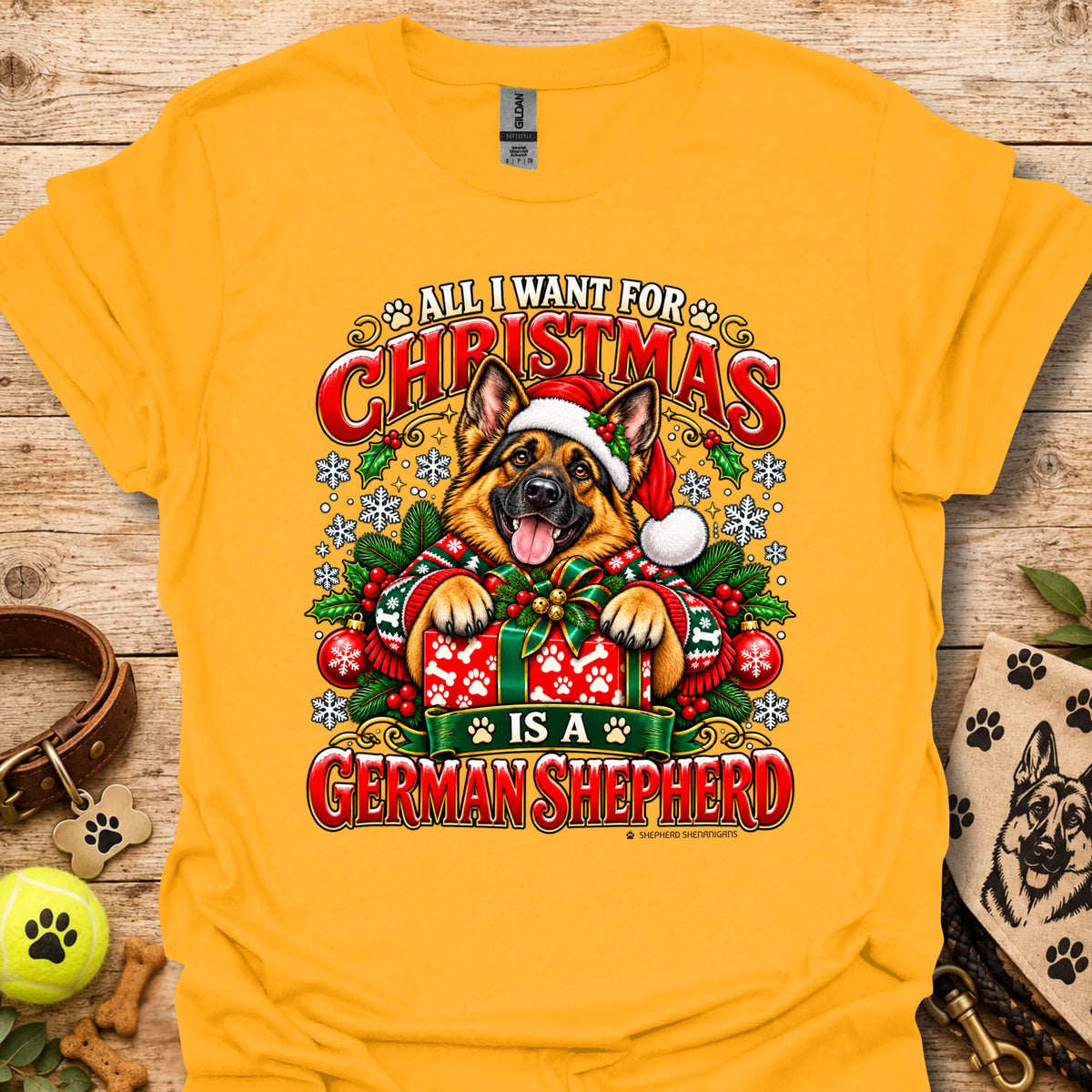 Gold Christmas t-shirt with German Shepherd holiday graphic on front.