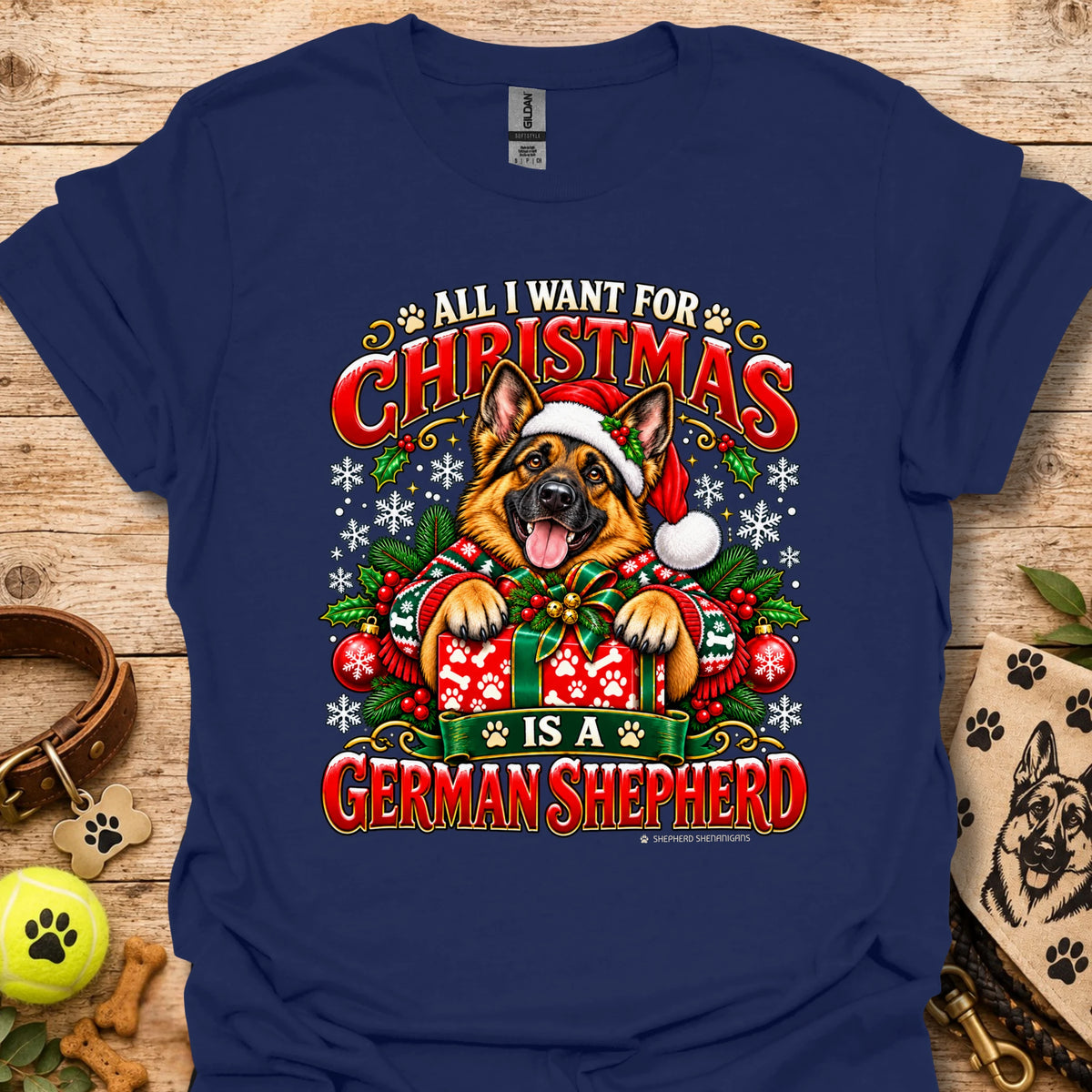 Navy Christmas t-shirt with German Shepherd holiday graphic on front.