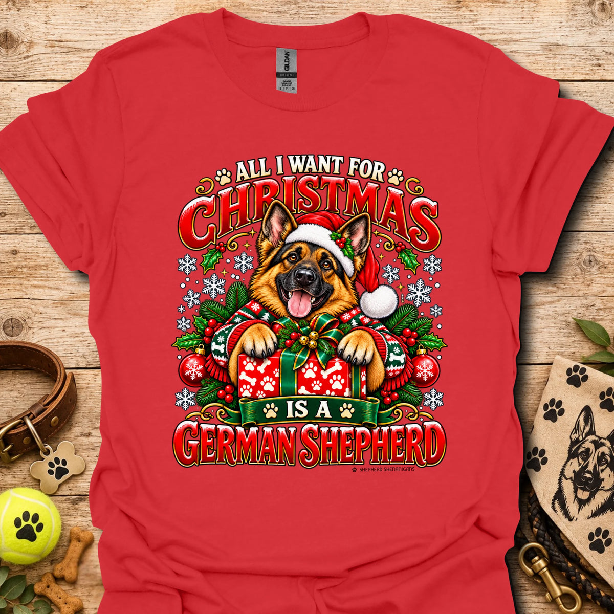 Red Christmas t-shirt with German Shepherd holiday graphic on front.