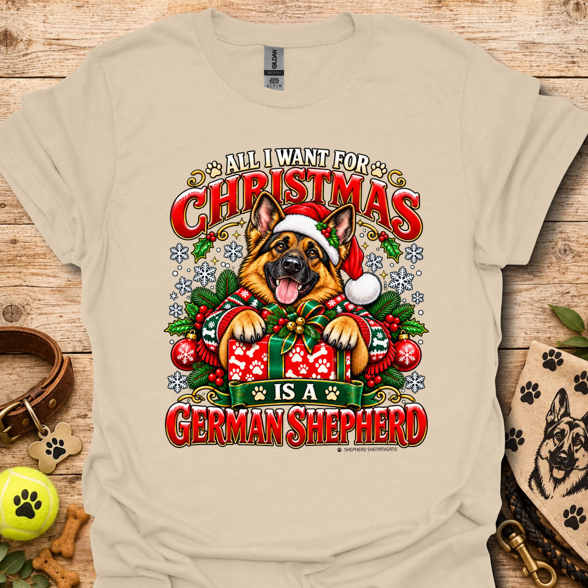 Sand Christmas t-shirt with German Shepherd holiday graphic on front.
