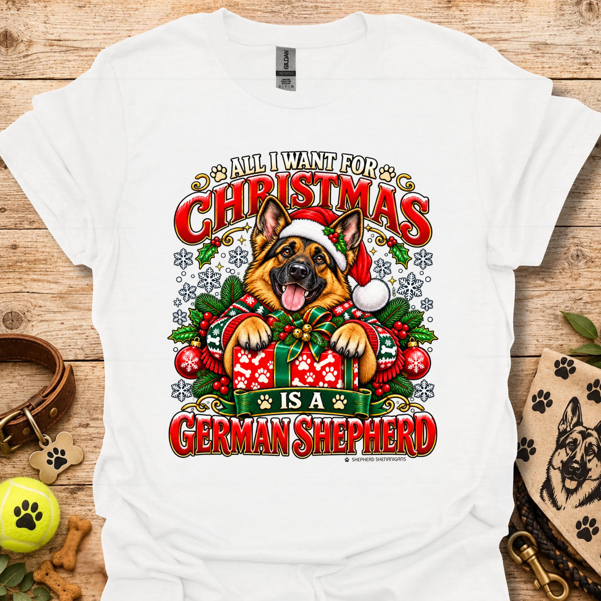 White Christmas t-shirt with German Shepherd holiday graphic on front.