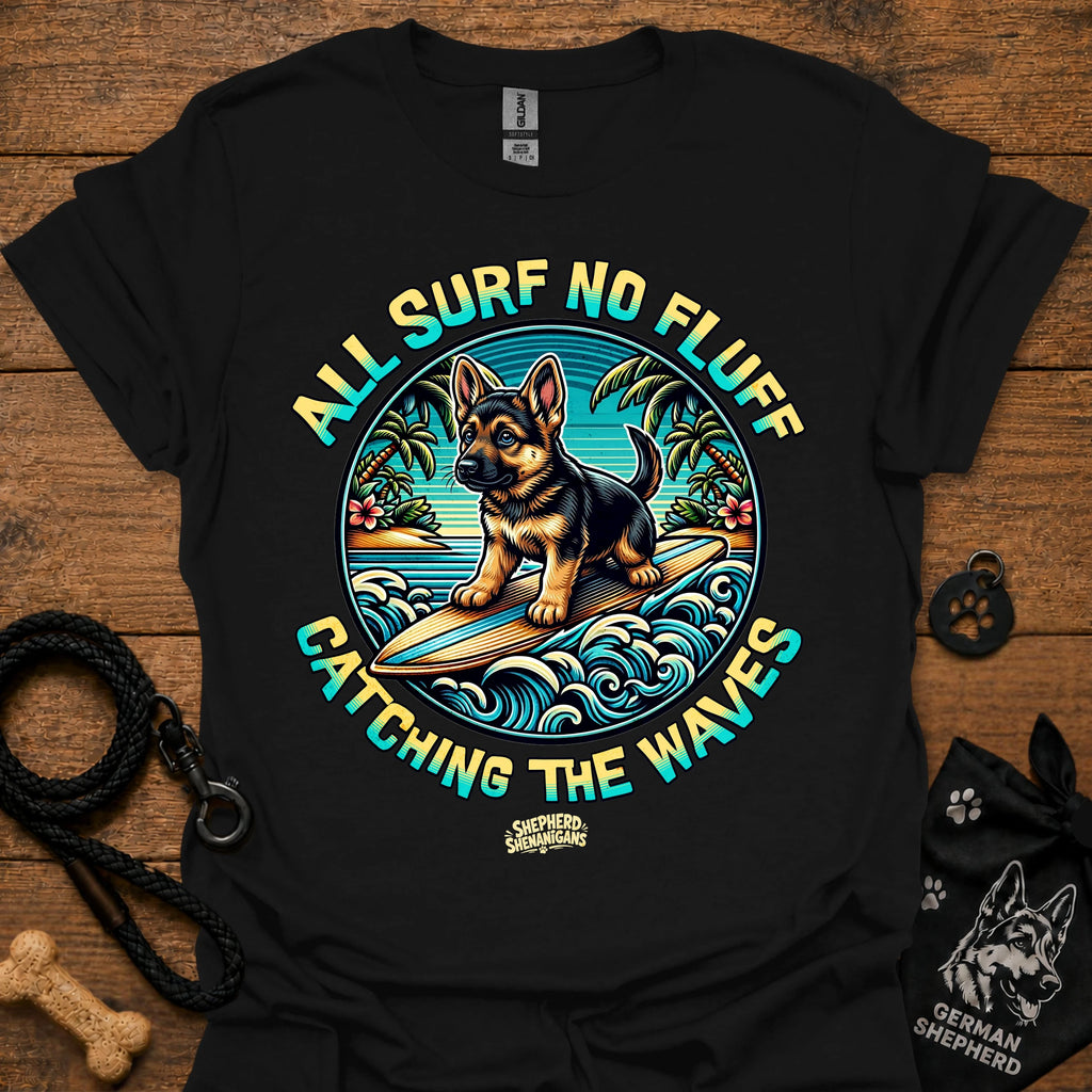 Black T-shirt with colorful circular surf dog graphic on chest
