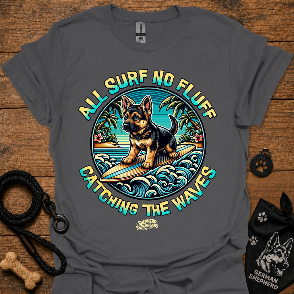 Charcoal gray T-shirt with colorful circular surf dog graphic on chest