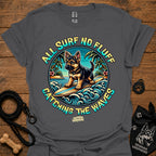 Charcoal gray T-shirt with colorful circular surf dog graphic on chest