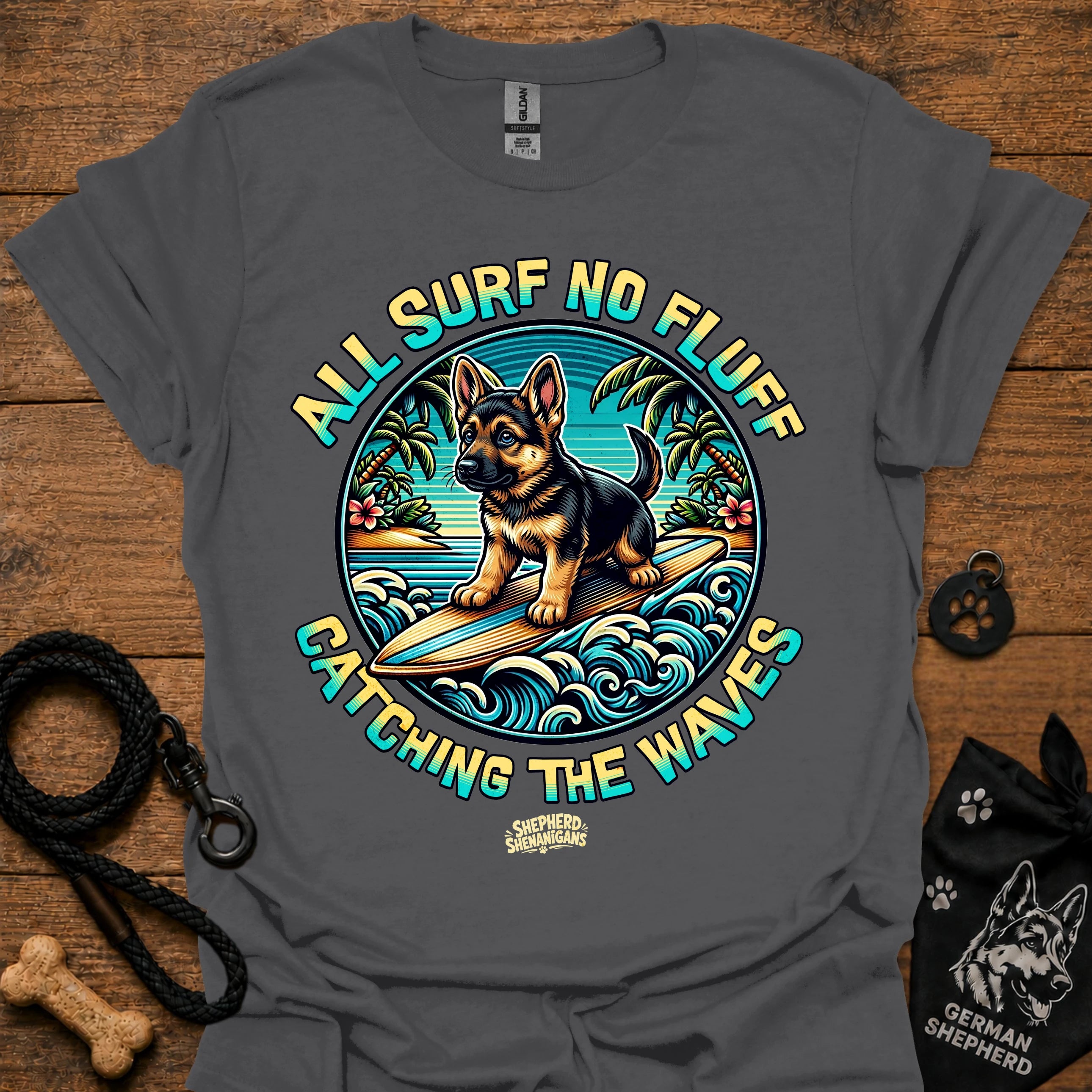 Charcoal gray T-shirt with colorful circular surf dog graphic on chest