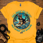 Gold/yellow T-shirt with colorful circular surf dog graphic on chest
