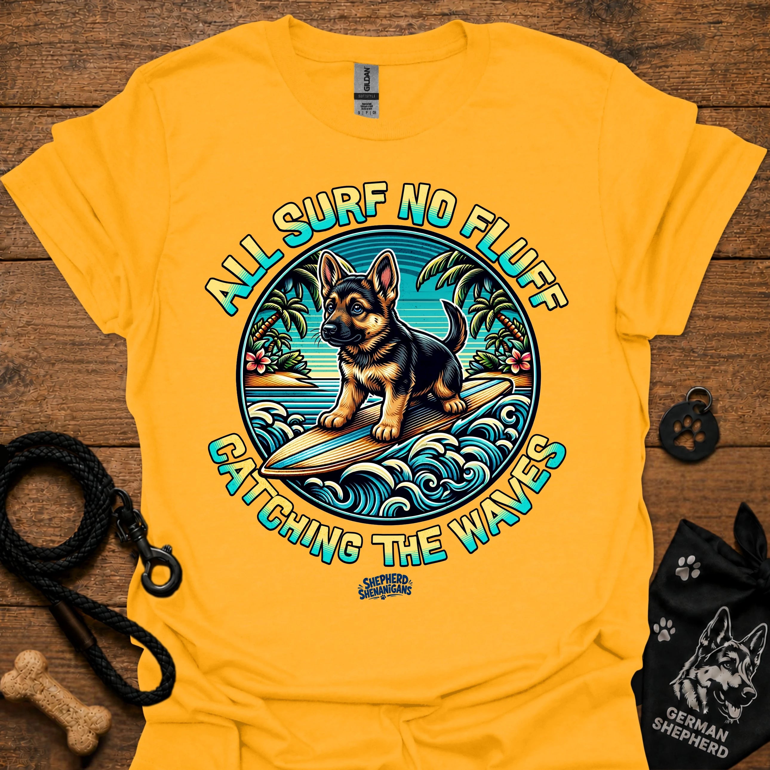 Gold/yellow T-shirt with colorful circular surf dog graphic on chest