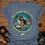 Slate blue T-shirt with colorful circular surf dog graphic on chest