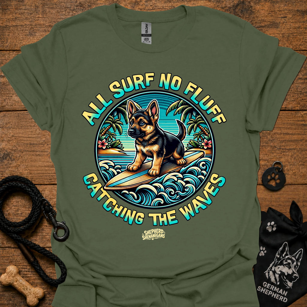 Military green T-shirt with colorful circular surf dog graphic on chest