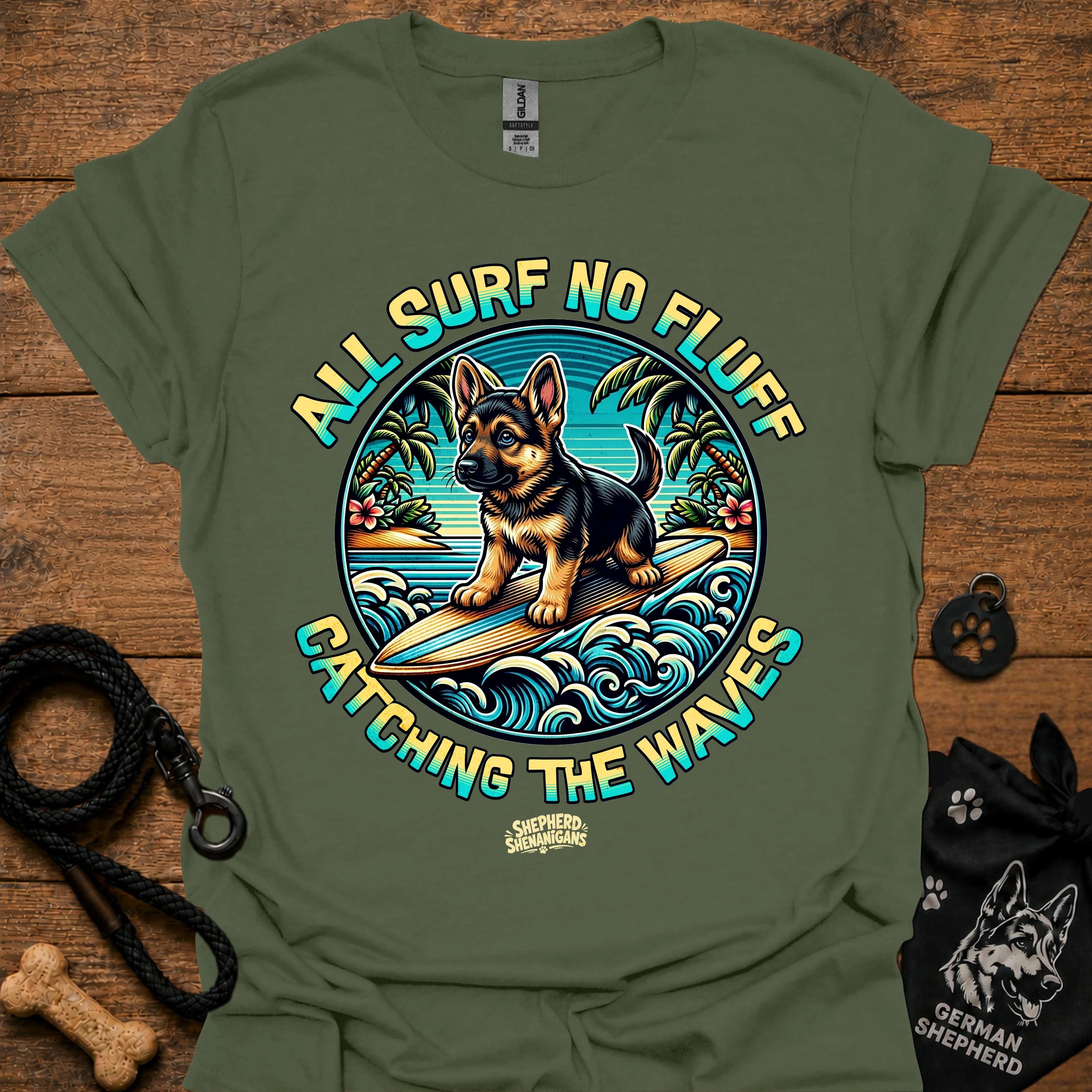 Military green T-shirt with colorful circular surf dog graphic on chest