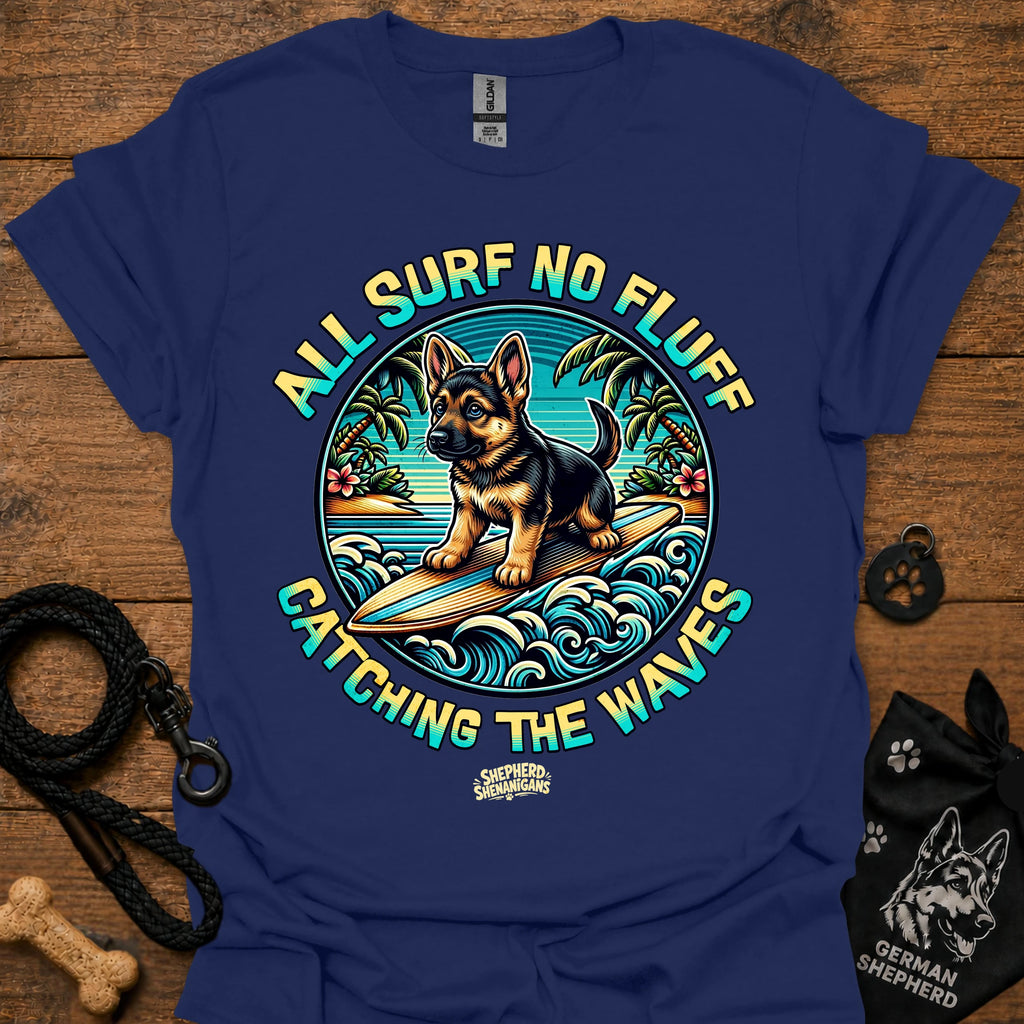 Navy blue T-shirt with colorful circular surf dog graphic on chest