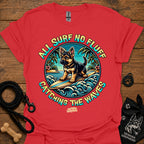 Red T-shirt with colorful circular surf dog graphic on chest