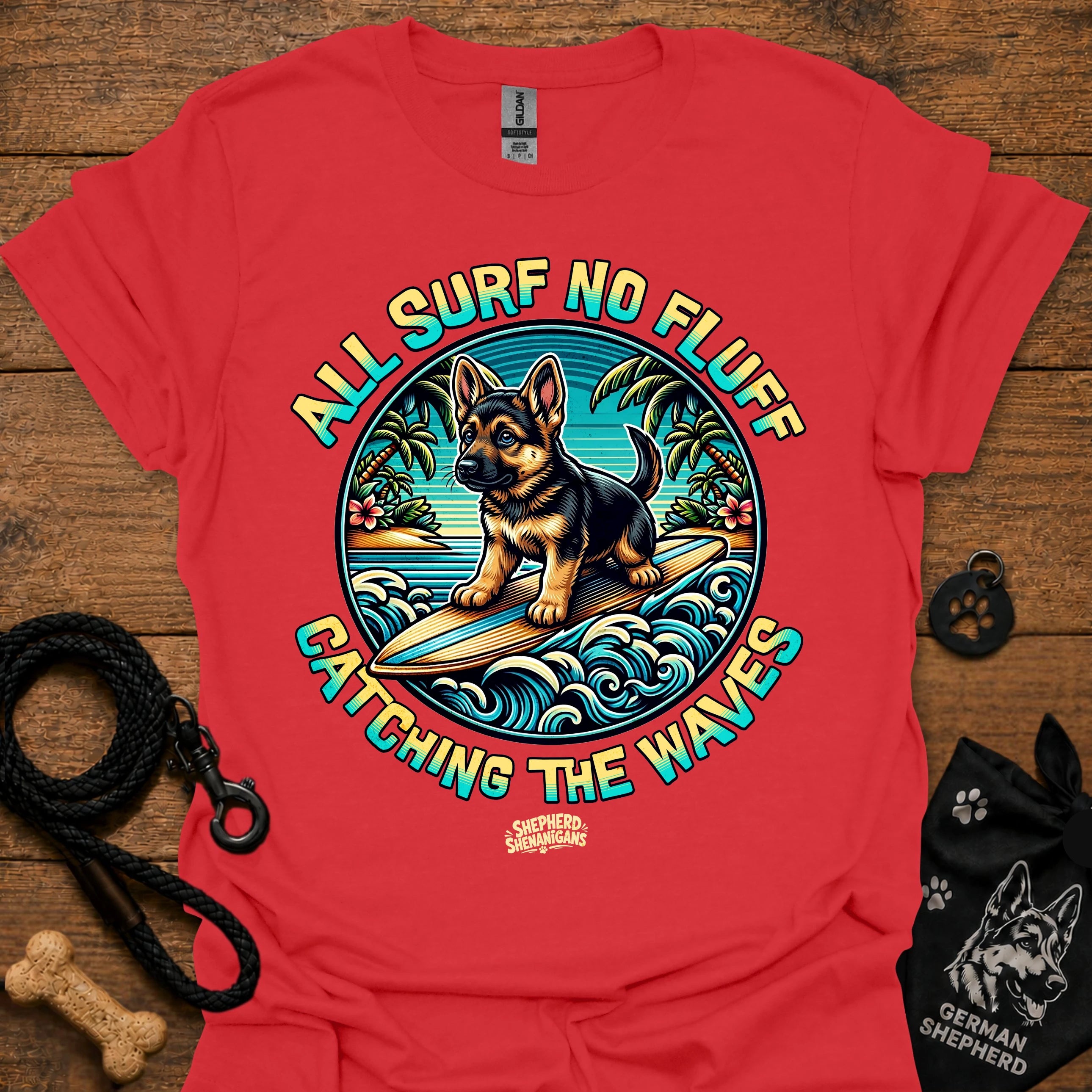 Red T-shirt with colorful circular surf dog graphic on chest