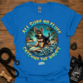 Royal blue T-shirt with colorful circular surf dog graphic on chest