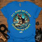 Royal blue T-shirt with colorful circular surf dog graphic on chest