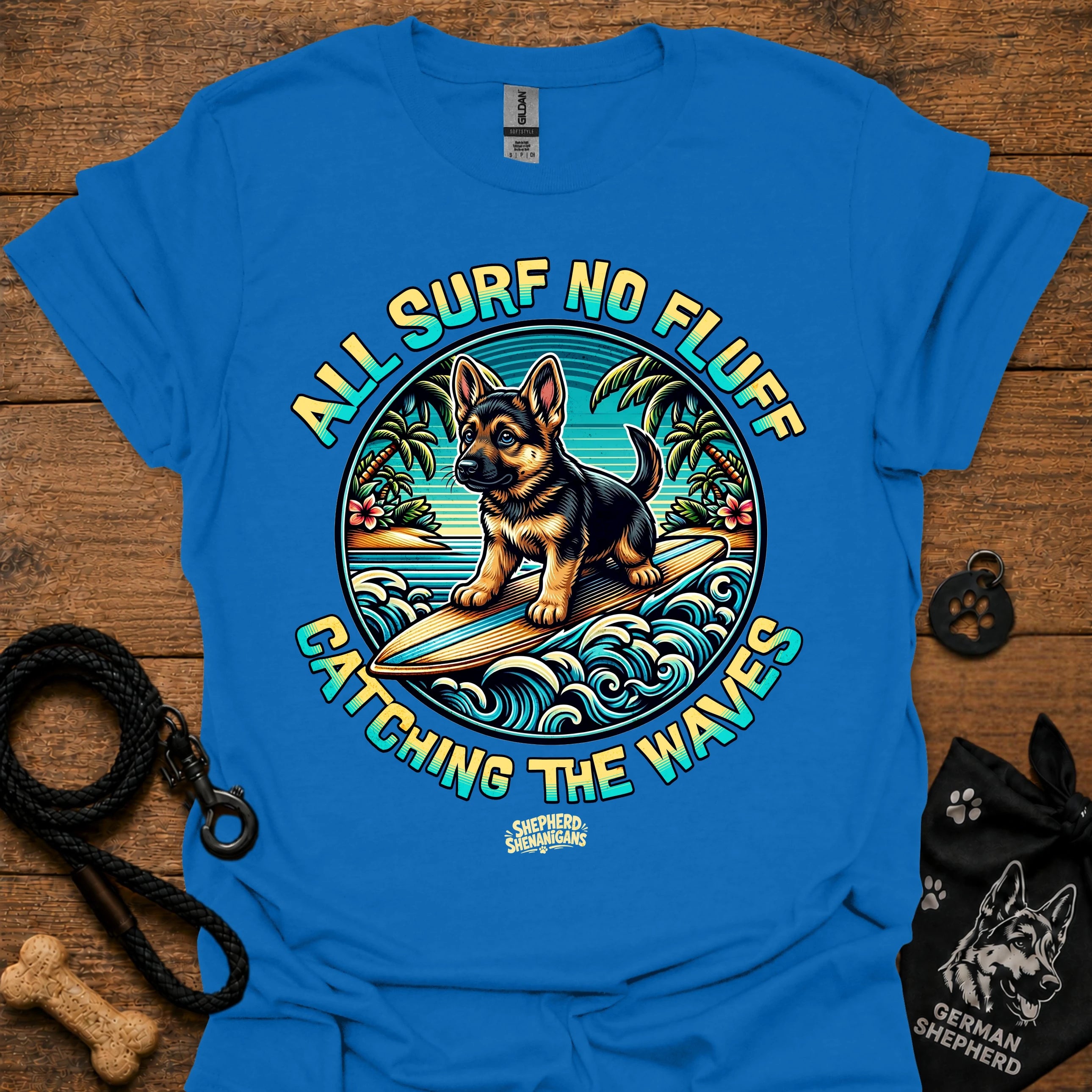Royal blue T-shirt with colorful circular surf dog graphic on chest