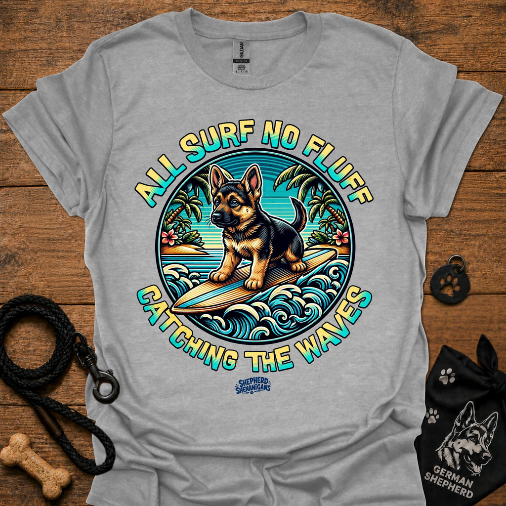 Light gray T-shirt with colorful circular surf dog graphic on chest