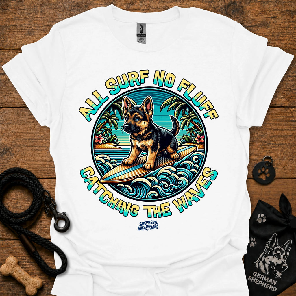 White T-shirt with colorful circular surf dog graphic on chest