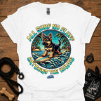 White T-shirt with colorful circular surf dog graphic on chest