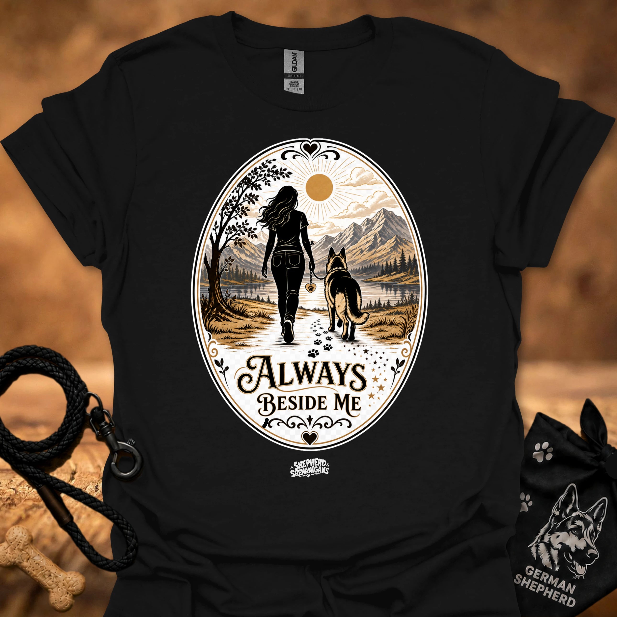 Black crewneck T-shirt with large circular vintage graphic of a woman and dog