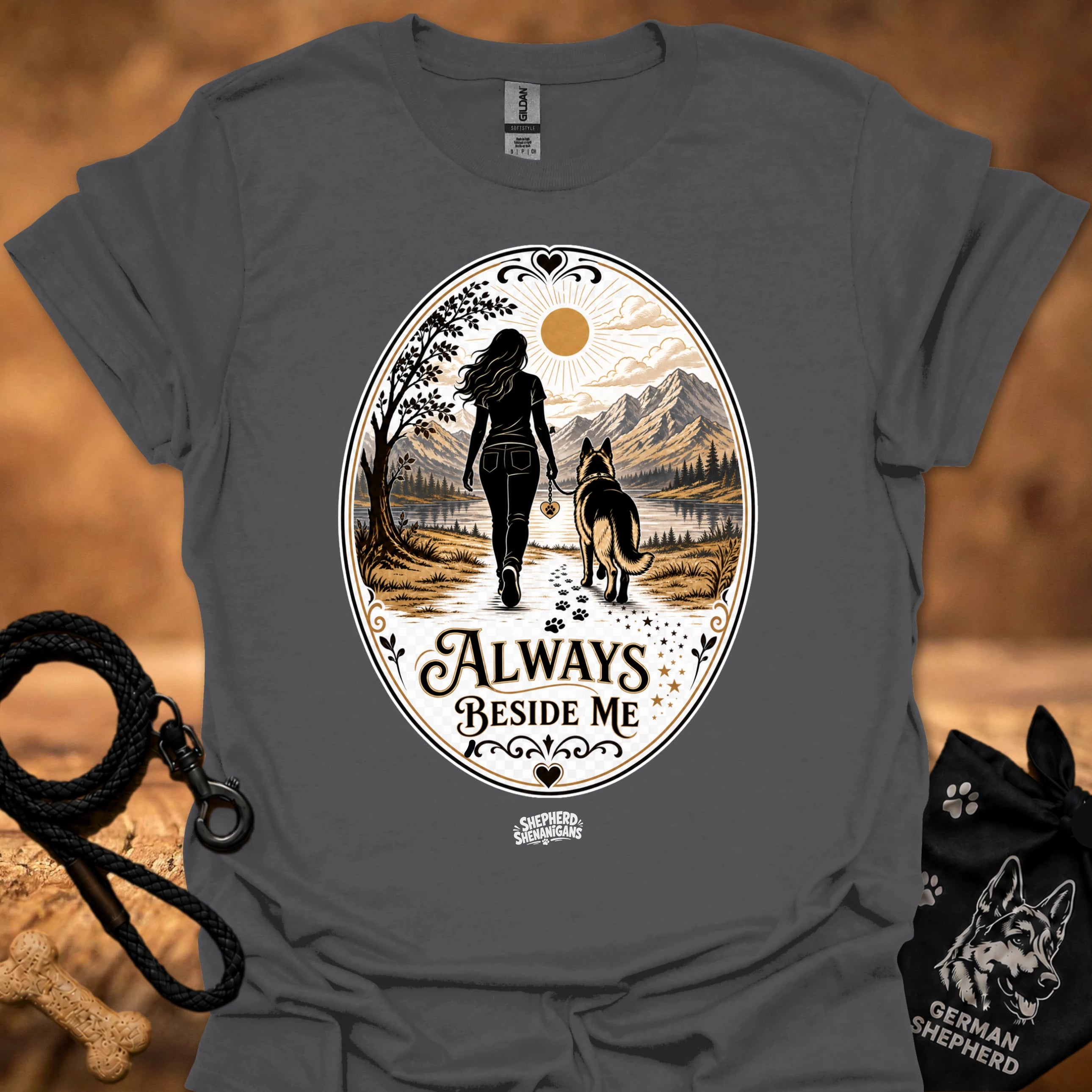 Dark gray crew-neck T-shirt with round “Always Beside Me” hiker and dog graphic