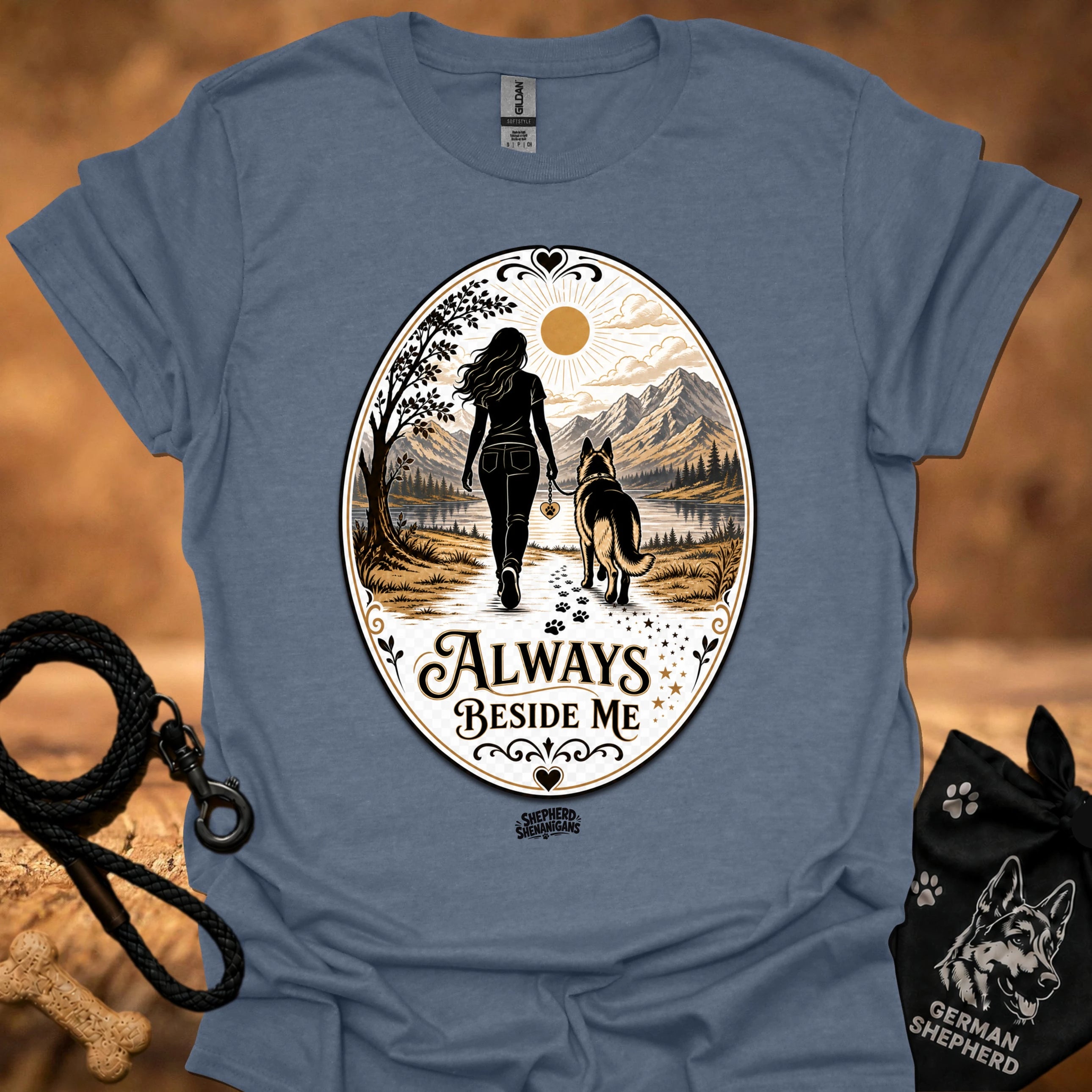 Heather indigo crewneck T-shirt with large circular vintage graphic of a woman and dog