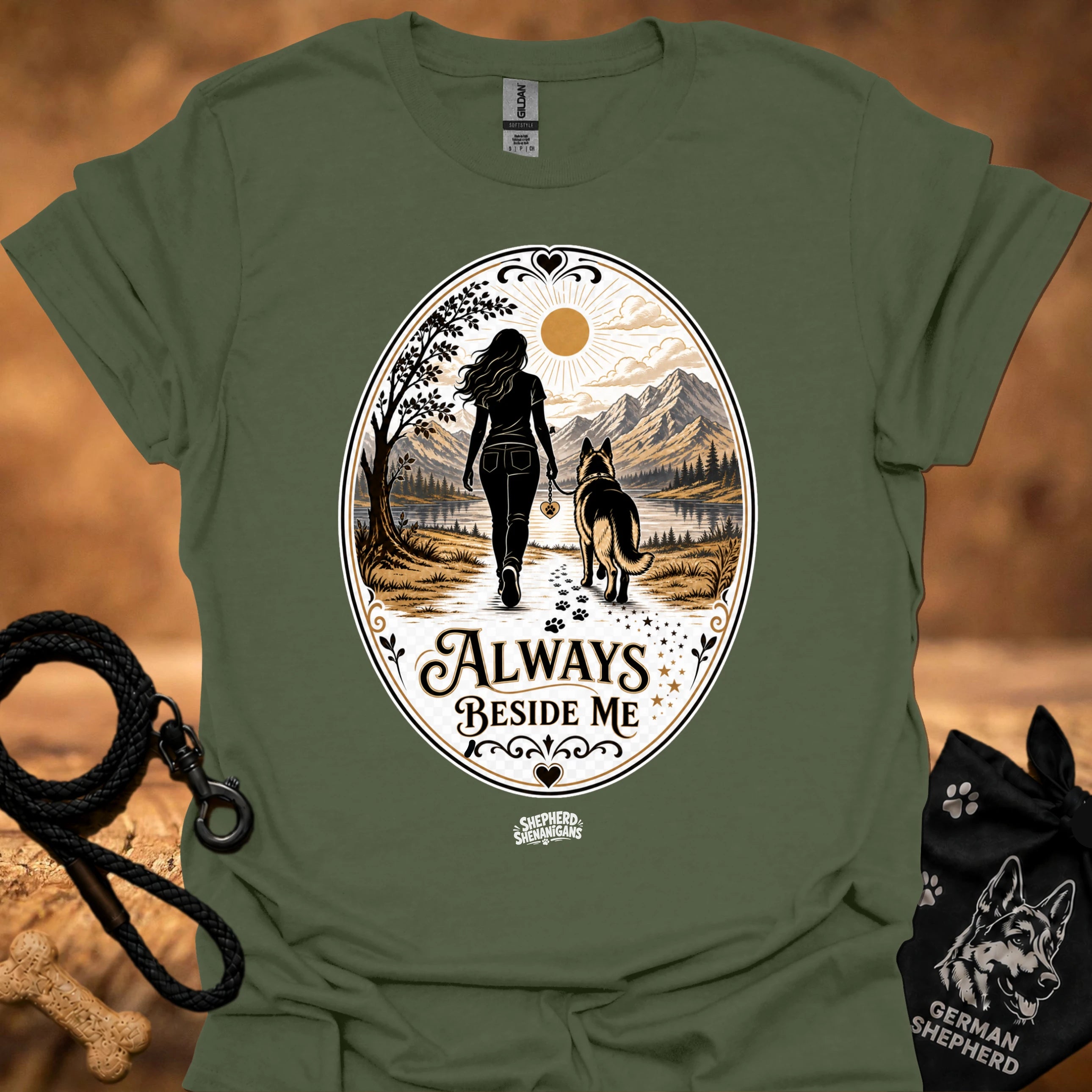 Olive crewneck T-shirt with large circular vintage graphic of a woman and dog