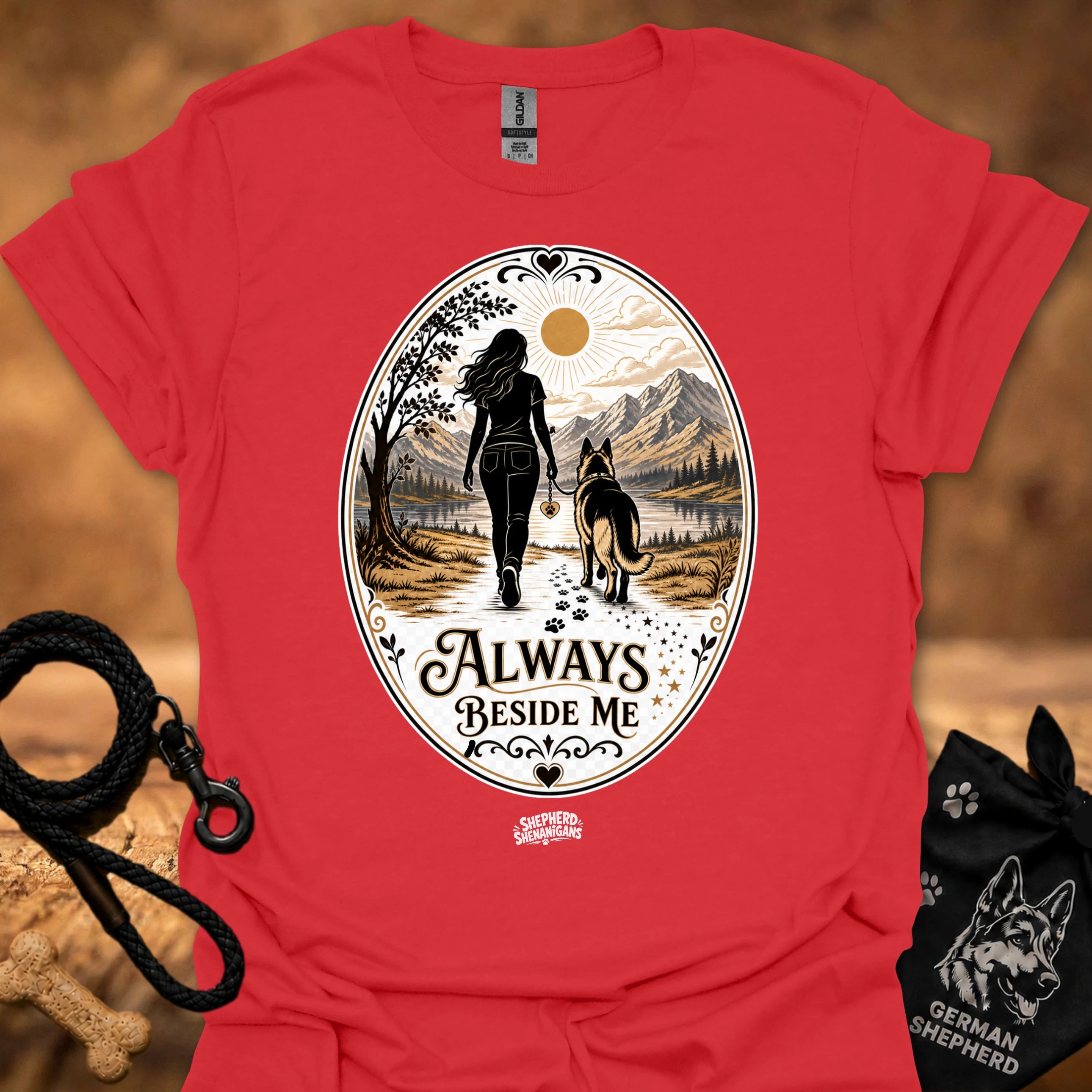 Red crewneck T-shirt with large circular vintage graphic of a woman and dog