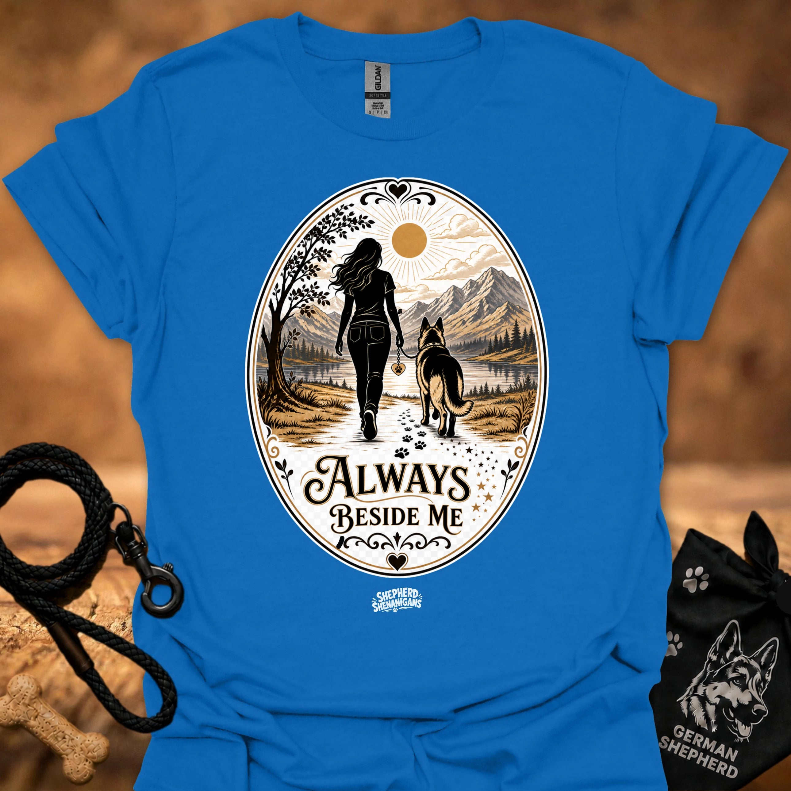 Royal blue crewneck T-shirt with large circular vintage graphic of a woman and dog