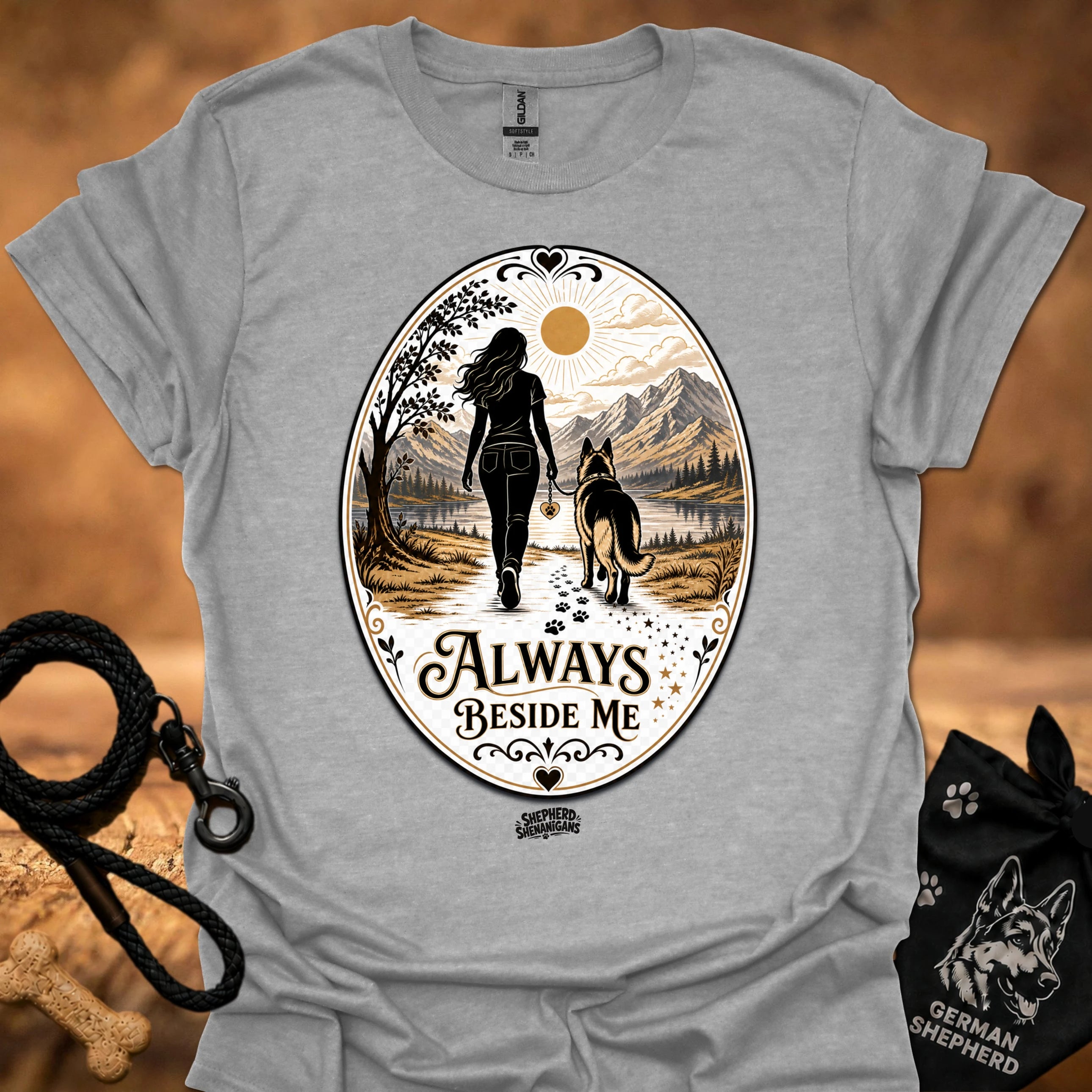 Heather gray crewneck T-shirt with large circular vintage graphic of a woman and dog