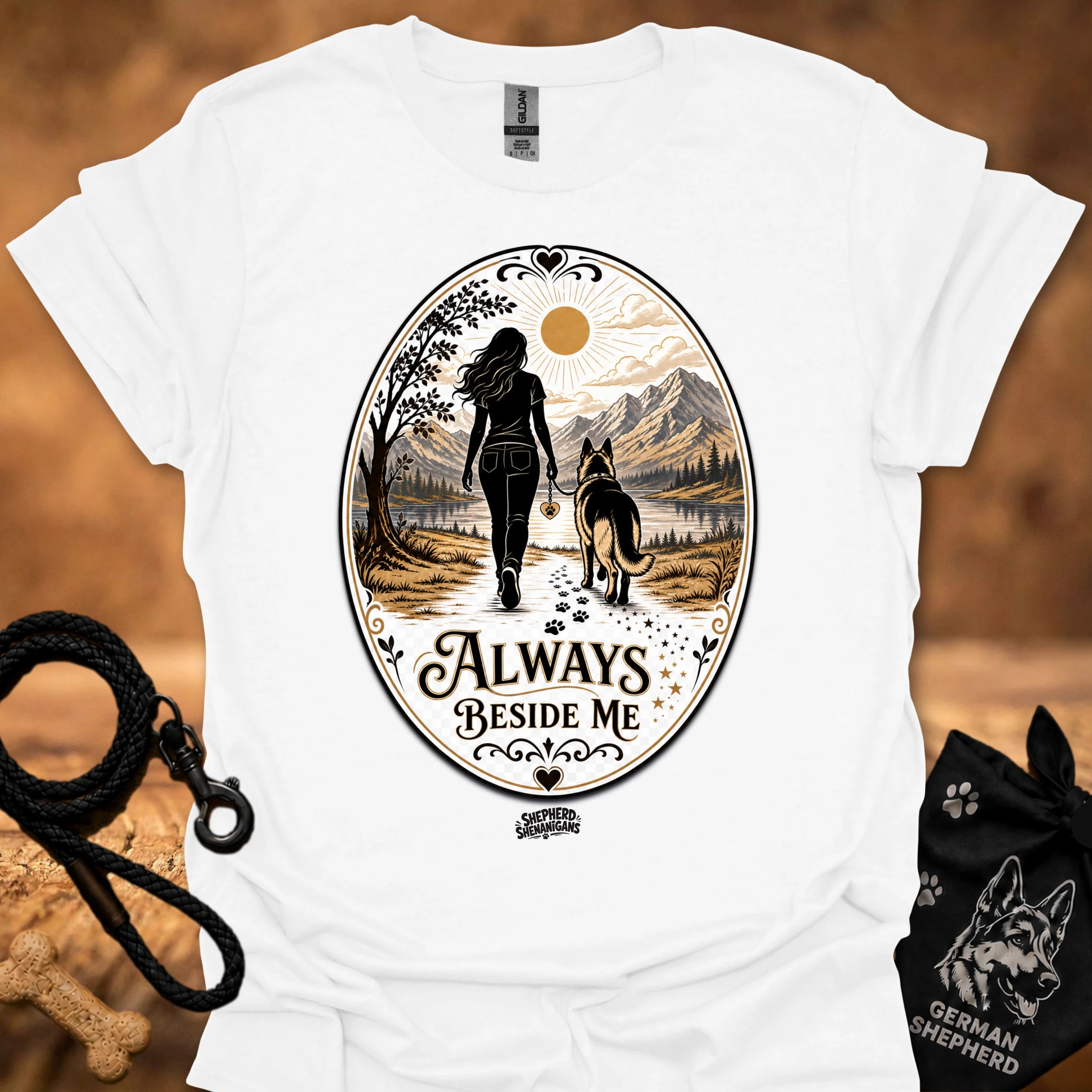White crewneck T-shirt with large circular vintage graphic of a woman and dog