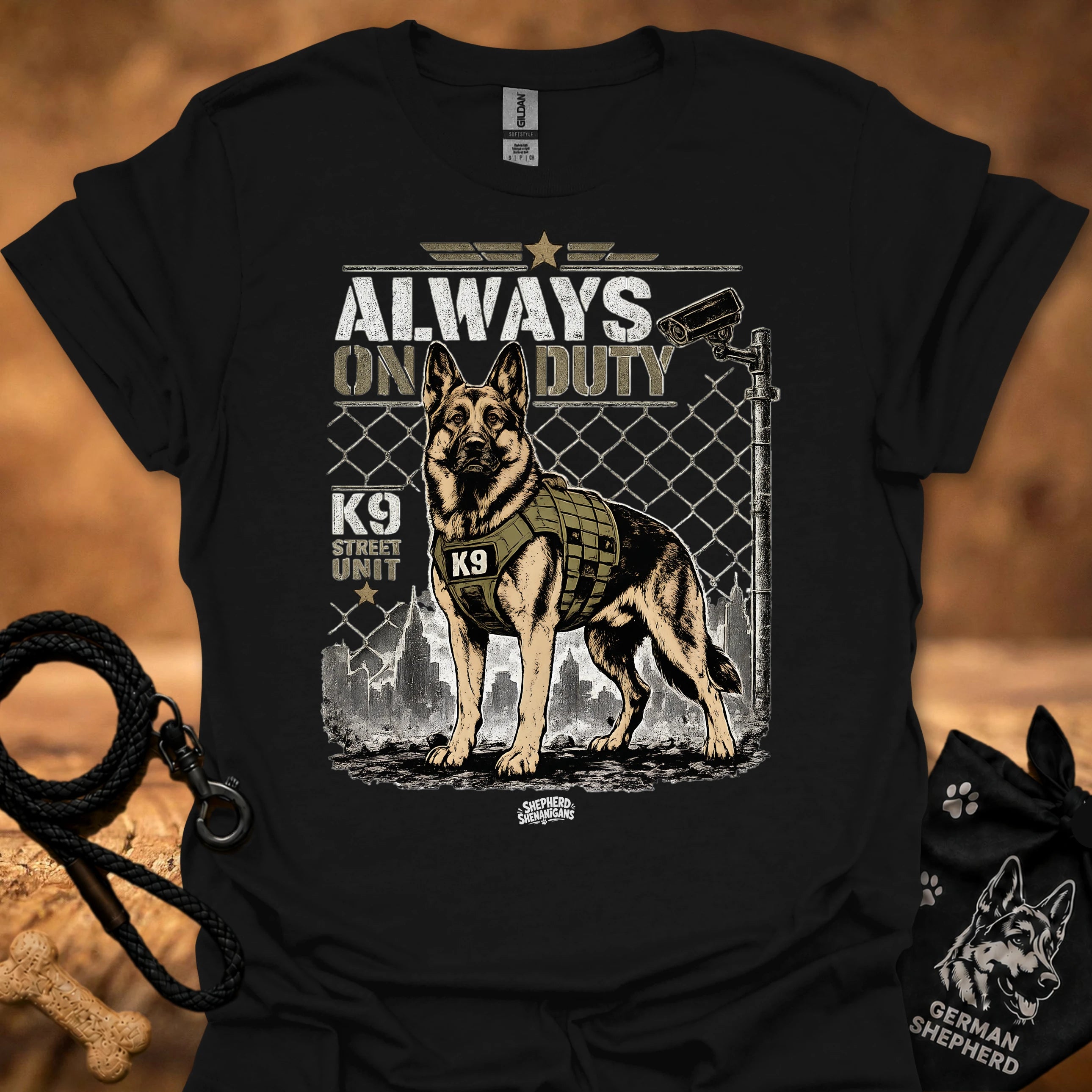 Black graphic t-shirt with German shepherd K9 fence print and short sleeves
