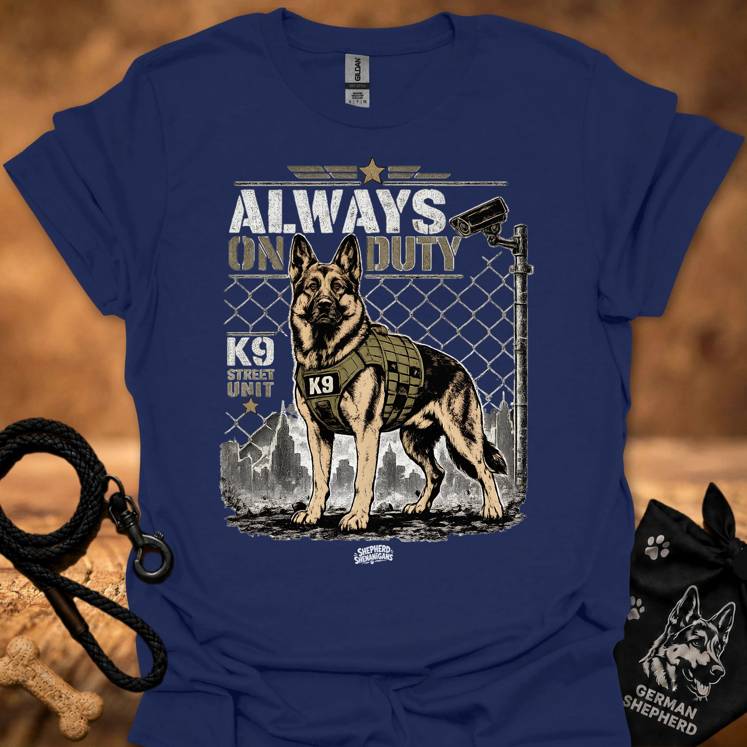 Navy graphic t-shirt with German shepherd K9 fence print and short sleeves