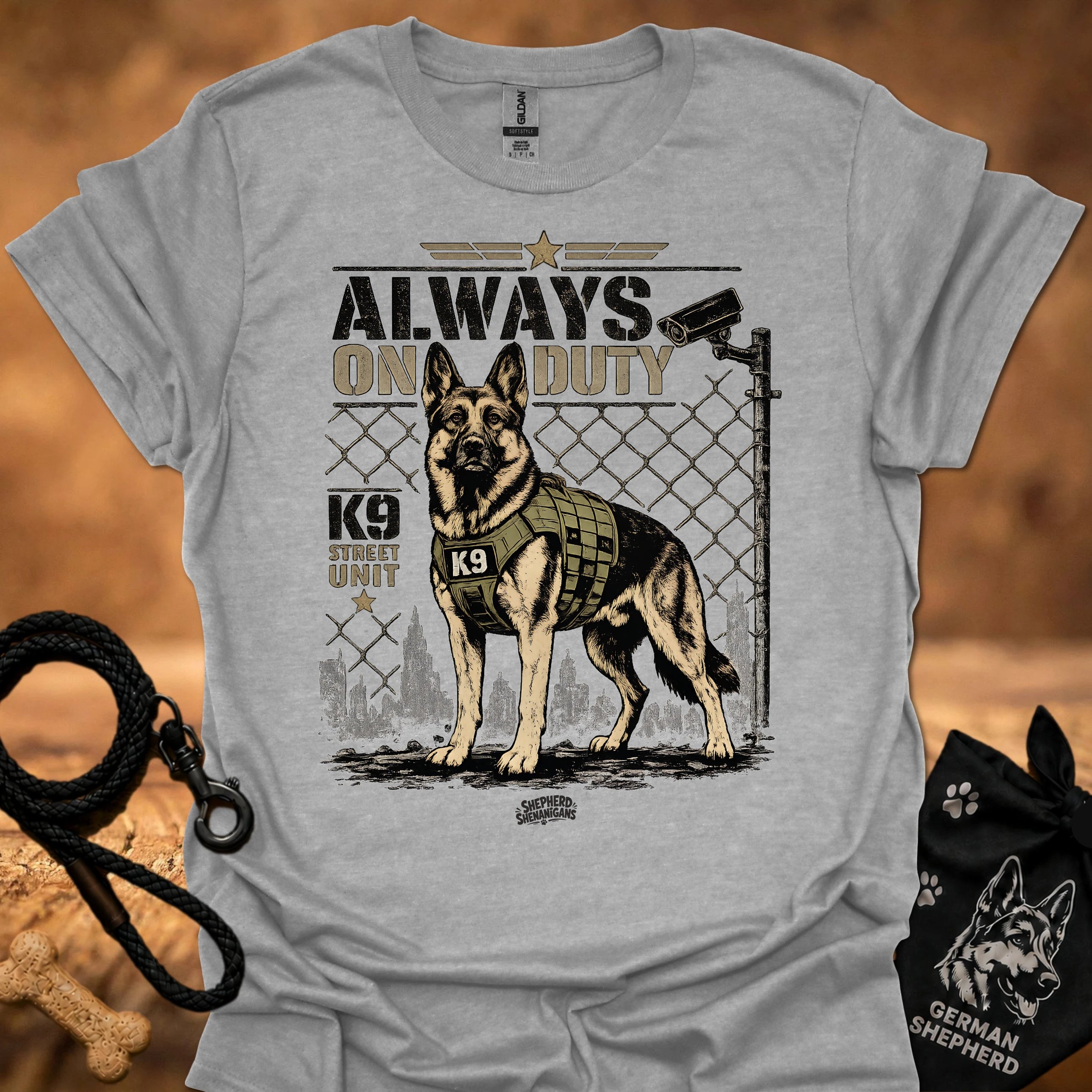 Sport grey graphic t-shirt with German shepherd K9 fence print and short sleeves