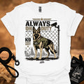 White graphic t-shirt with German shepherd K9 fence print and short sleeves