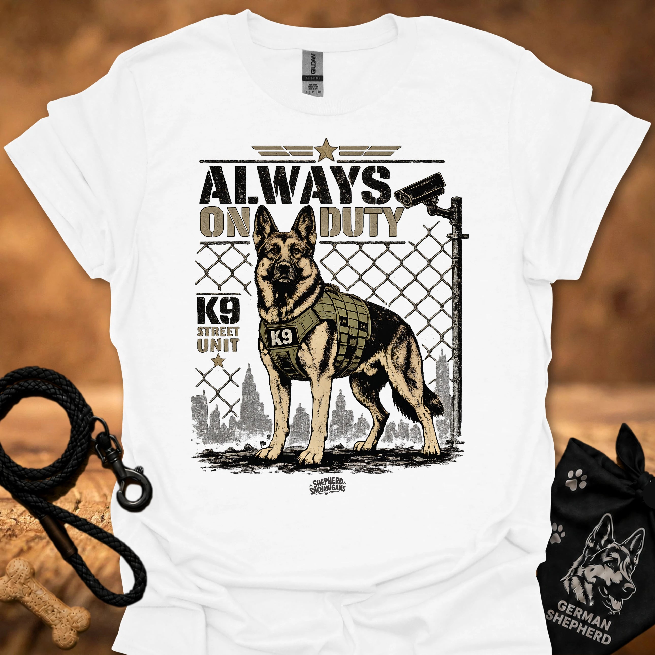 White graphic t-shirt with German shepherd K9 fence print and short sleeves
