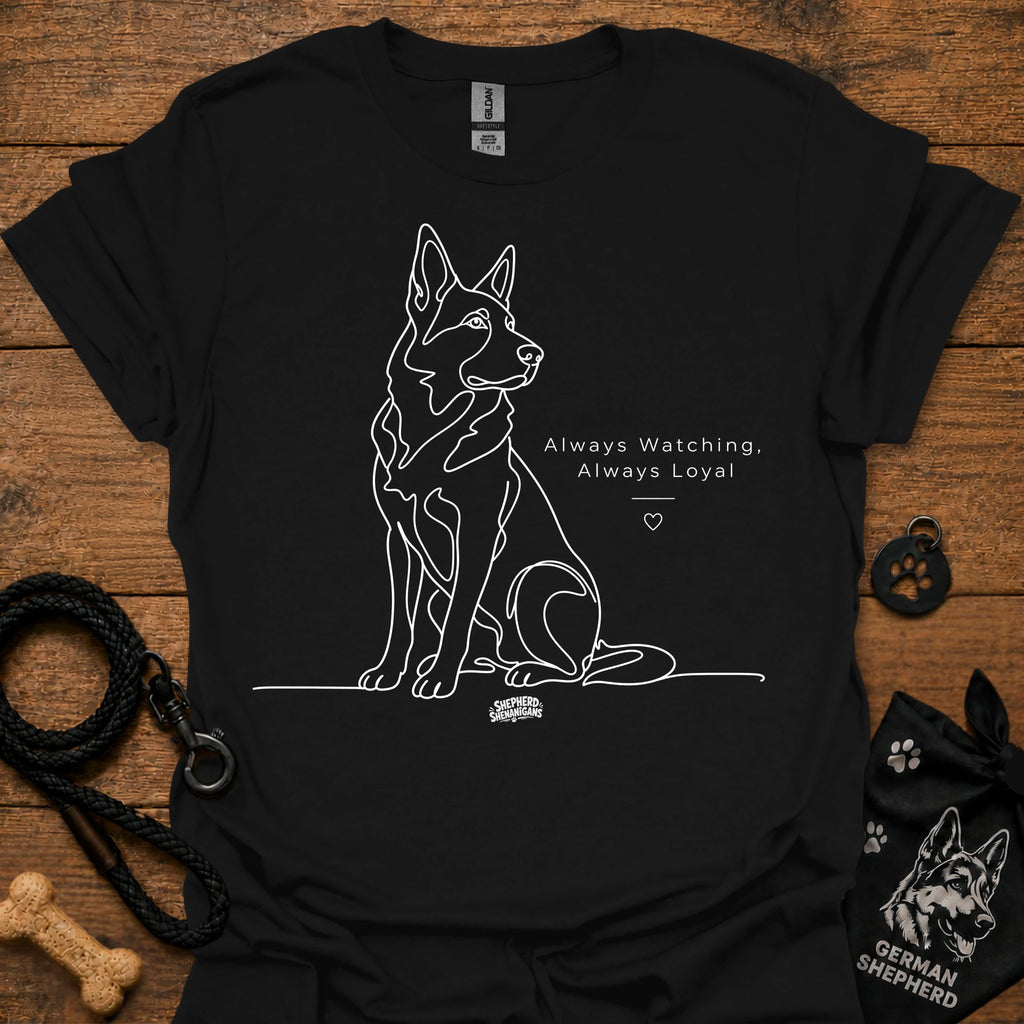 Black dog graphic t-shirt with line art and text: Always Watching, Always Loyal